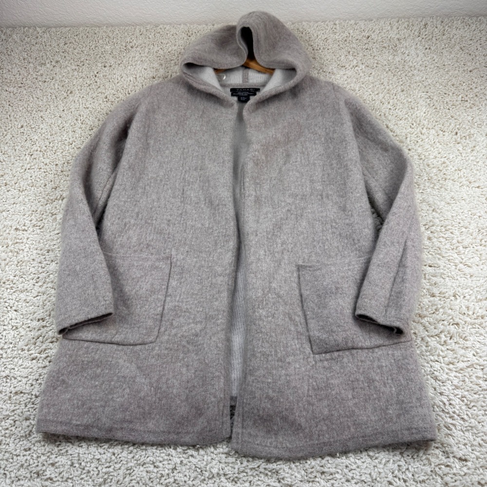 Tahari Luxe Cashmere Cardigan Women XS Taupe Excellent Hooded Open Front Pocket